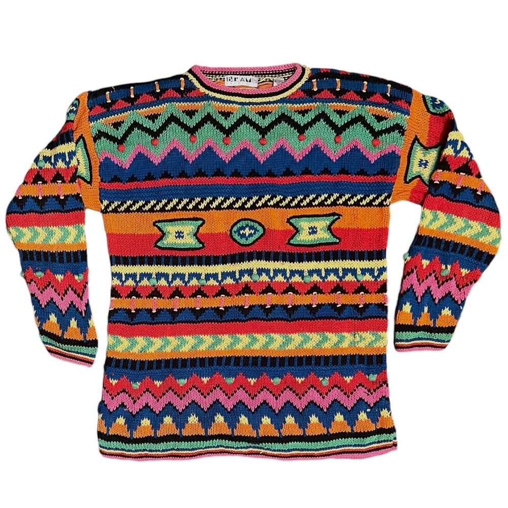 Vintage Crew Neck Striped Funky Colorful Pattern‎ Sweater Bravo Handknits Medium